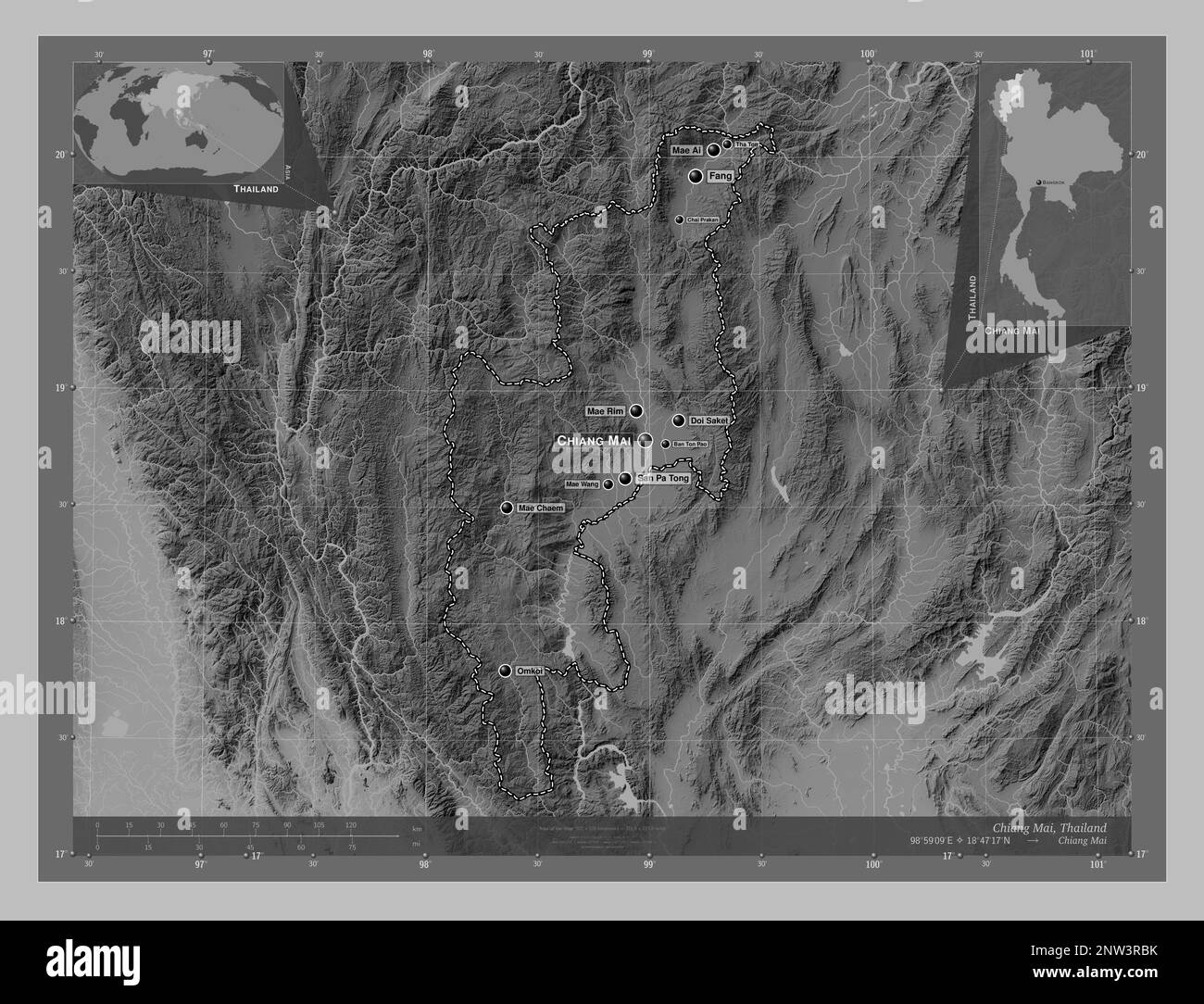 Chiang Mai, province of Thailand. Grayscale elevation map with lakes ...