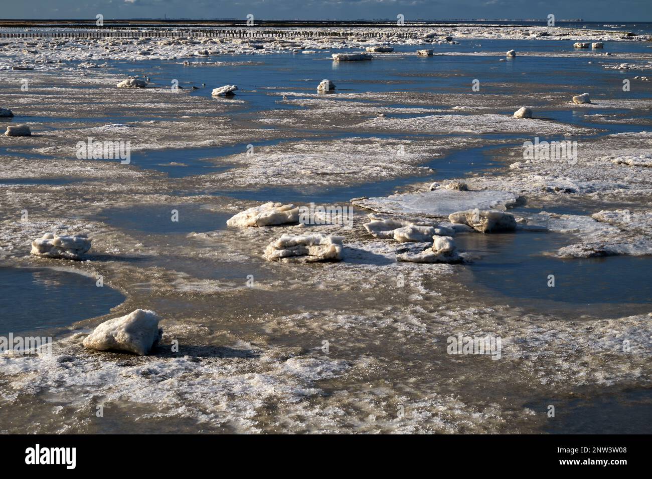 Frozen Wadden sea, national Park, Germany, Lower Saxony, East Frisia, Stock Photo