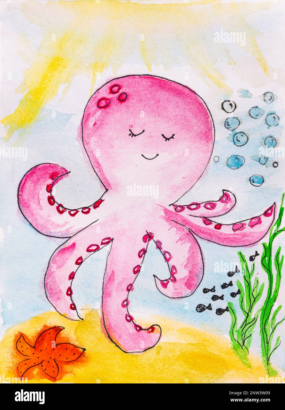Aquarelle watercolor painting of cute octopus in a deep sea with sun ...