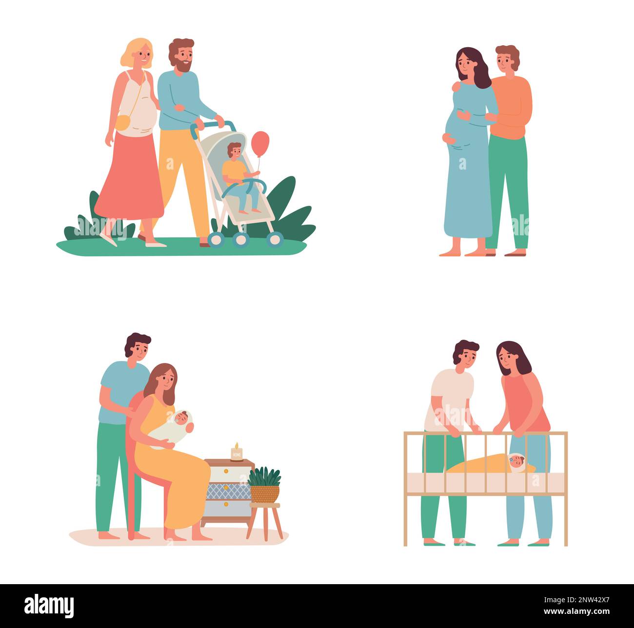 Young family with little baby, parents with kids Stock Vector