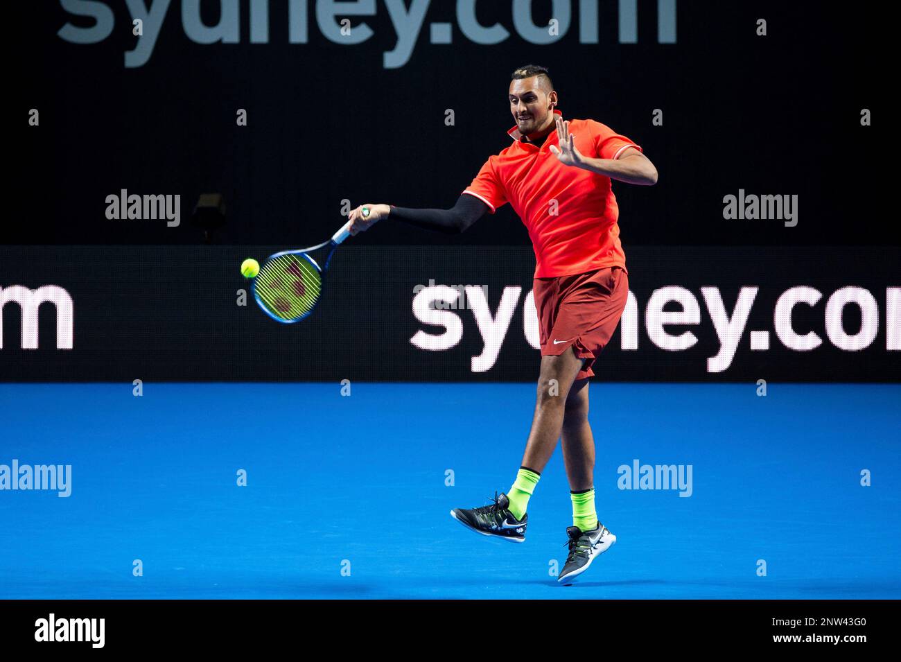 SYDNEY, AUSTRALIA - JANUARY 07: Nick Kyrgios (AUS) hits a forehand at ...