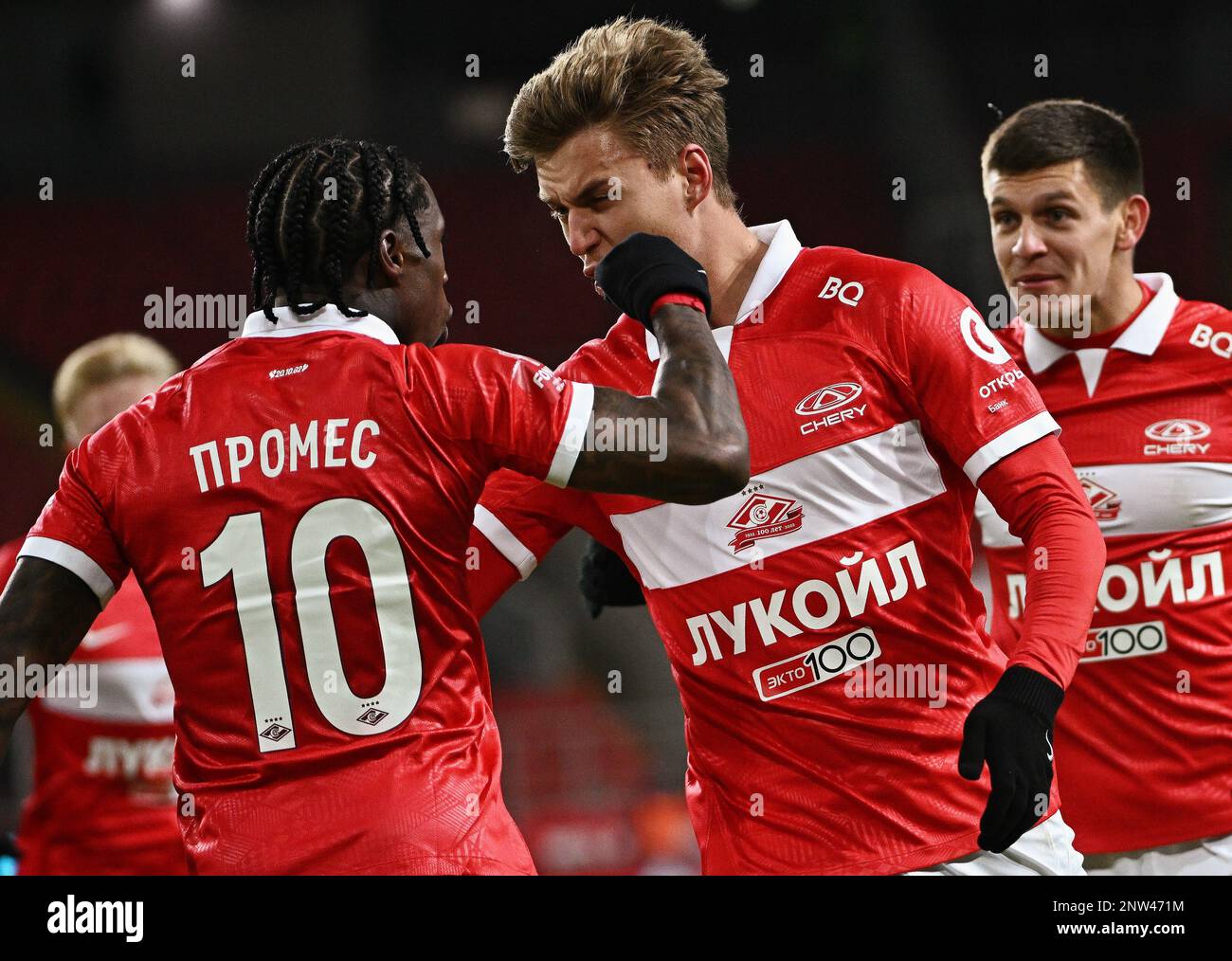 Fonbet - Russian Football Cup 2022/23. Match between the teams Spartak ( Moscow) - Lokomotiv (Moscow) at the stadium Opening Arena. From left to  right: Spartak team players Quincy Promes, Mikhail Ignatov and