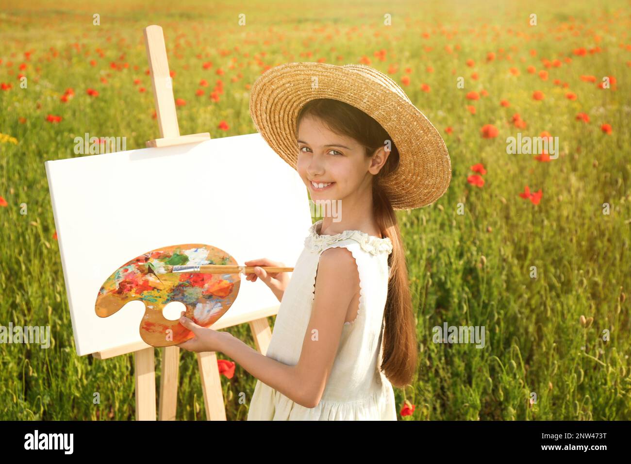 Little girl painting on easel in beautiful poppy field Stock Photo - Alamy