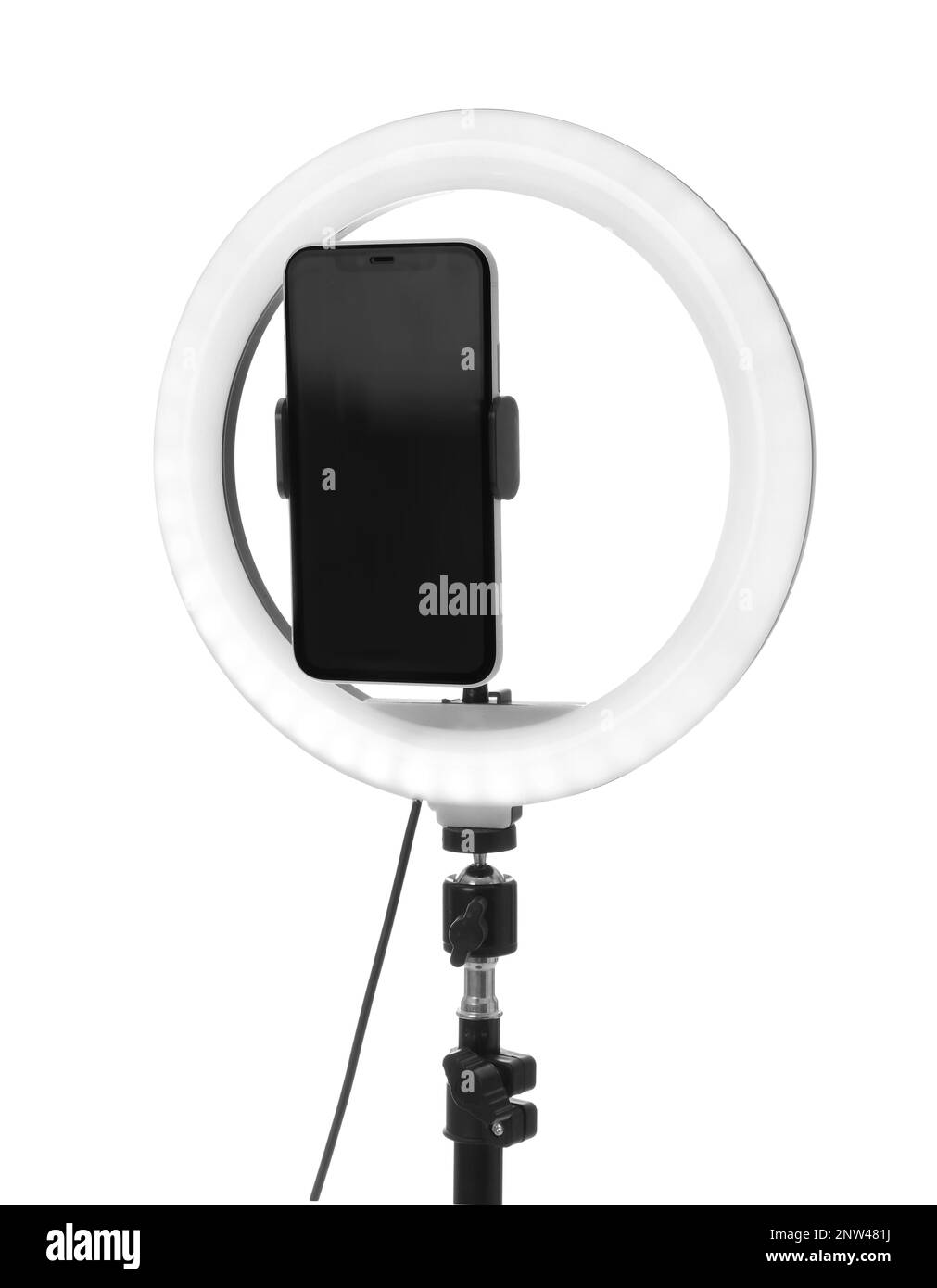Tripod with ring light and smartphone isolated on white Stock Photo - Alamy