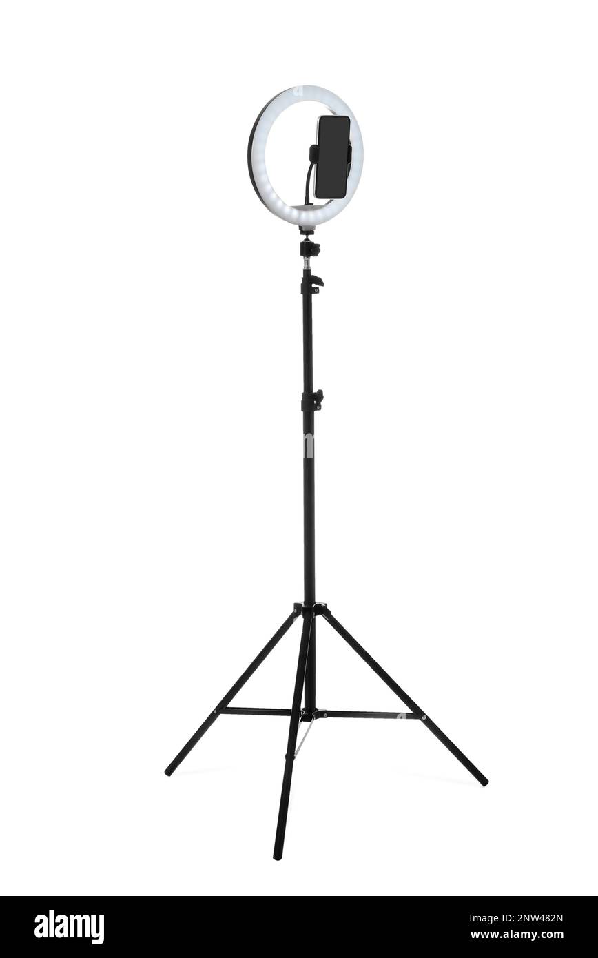 Tripod with ring light and smartphone isolated on white Stock Photo - Alamy