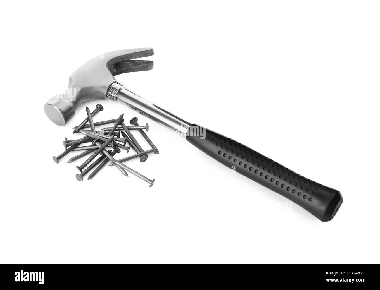 Hammer and metal nails on white background Stock Photo - Alamy