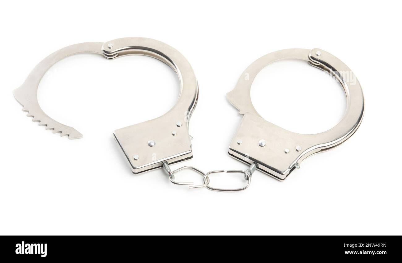 New classic chain handcuffs isolated on white Stock Photo Alamy