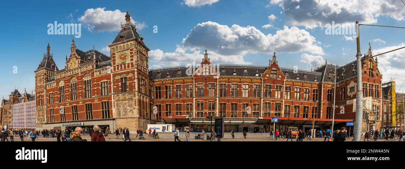 Panoramic of Amsterdam central station in the Netherlands Stock Photo