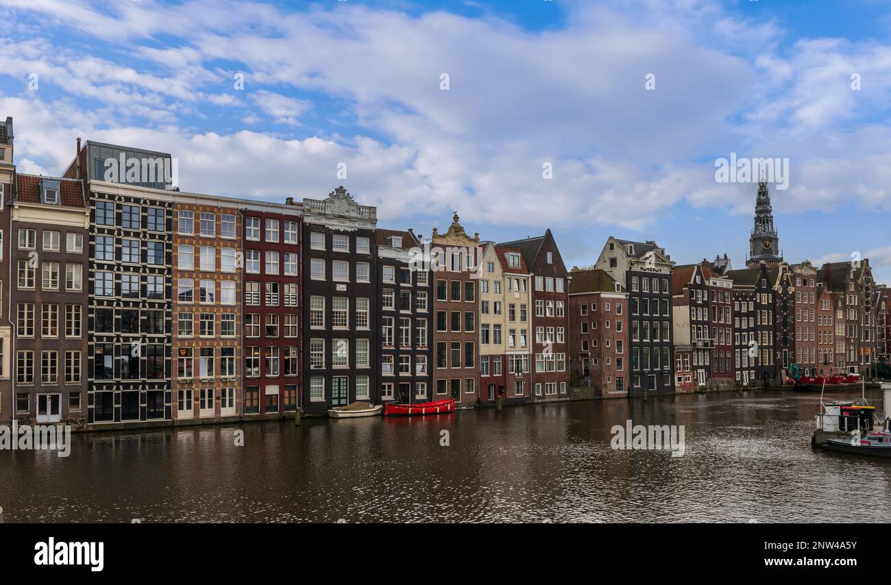 Canal and typical houses of Amsterdam in Holland, Netherlands. Stock Photo