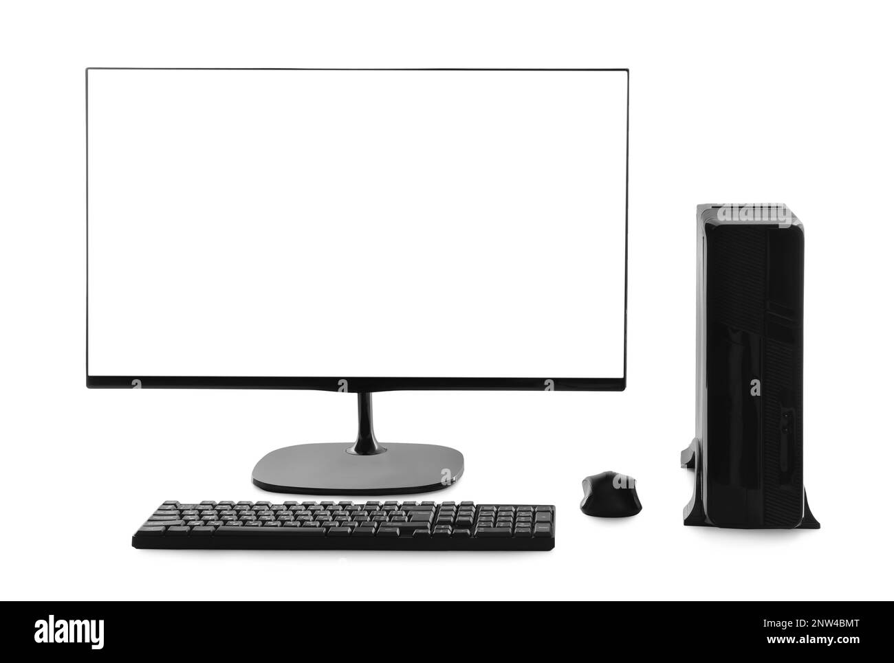 Modern computer monitor with black screen keyboard and mouse on white