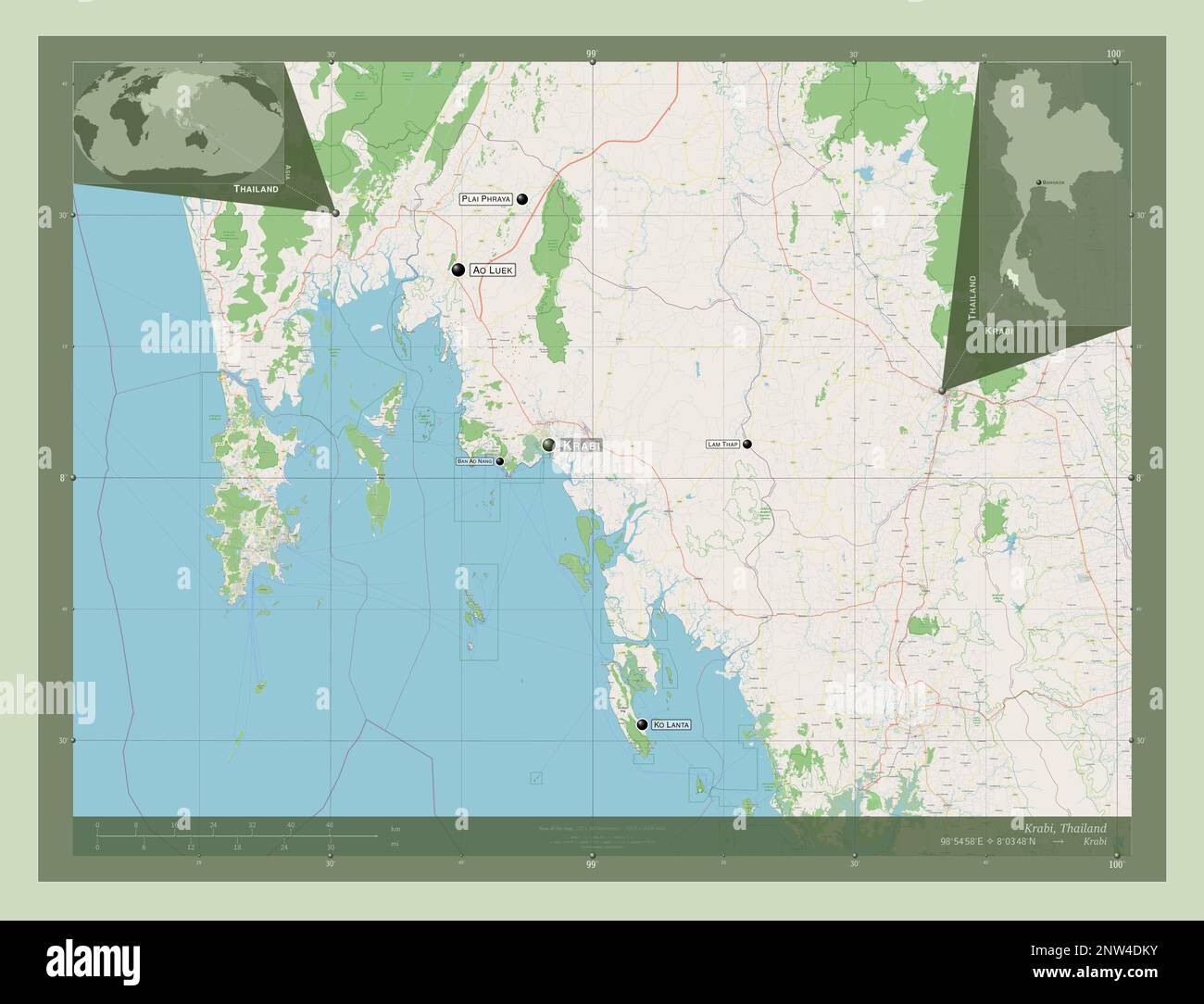 Krabi, province of Thailand. Open Street Map. Locations and names of