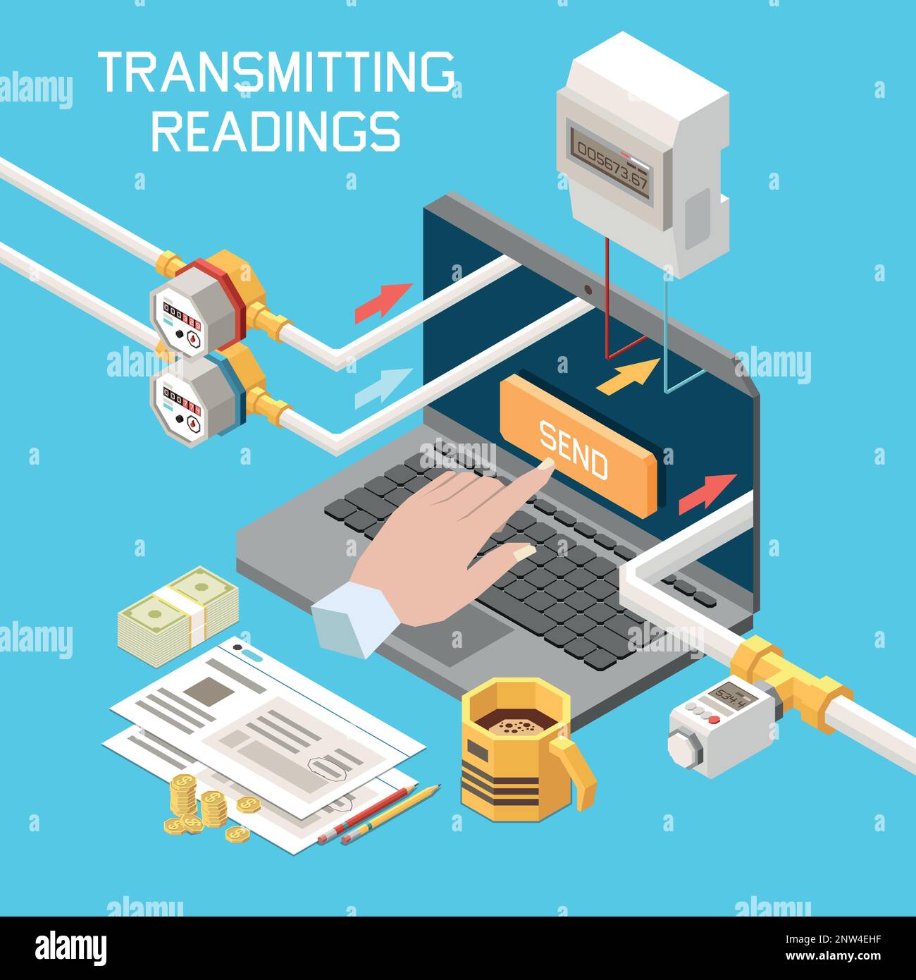 Utility expences isometric concept with reporting payment data via