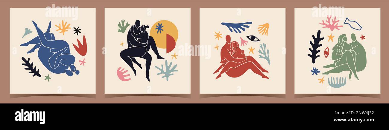 Matisse style posters. Hugging couples, intimate poses, smooth streamlined lines, plant elements, romantic bodies positions, minimal cards and prints Stock Vector