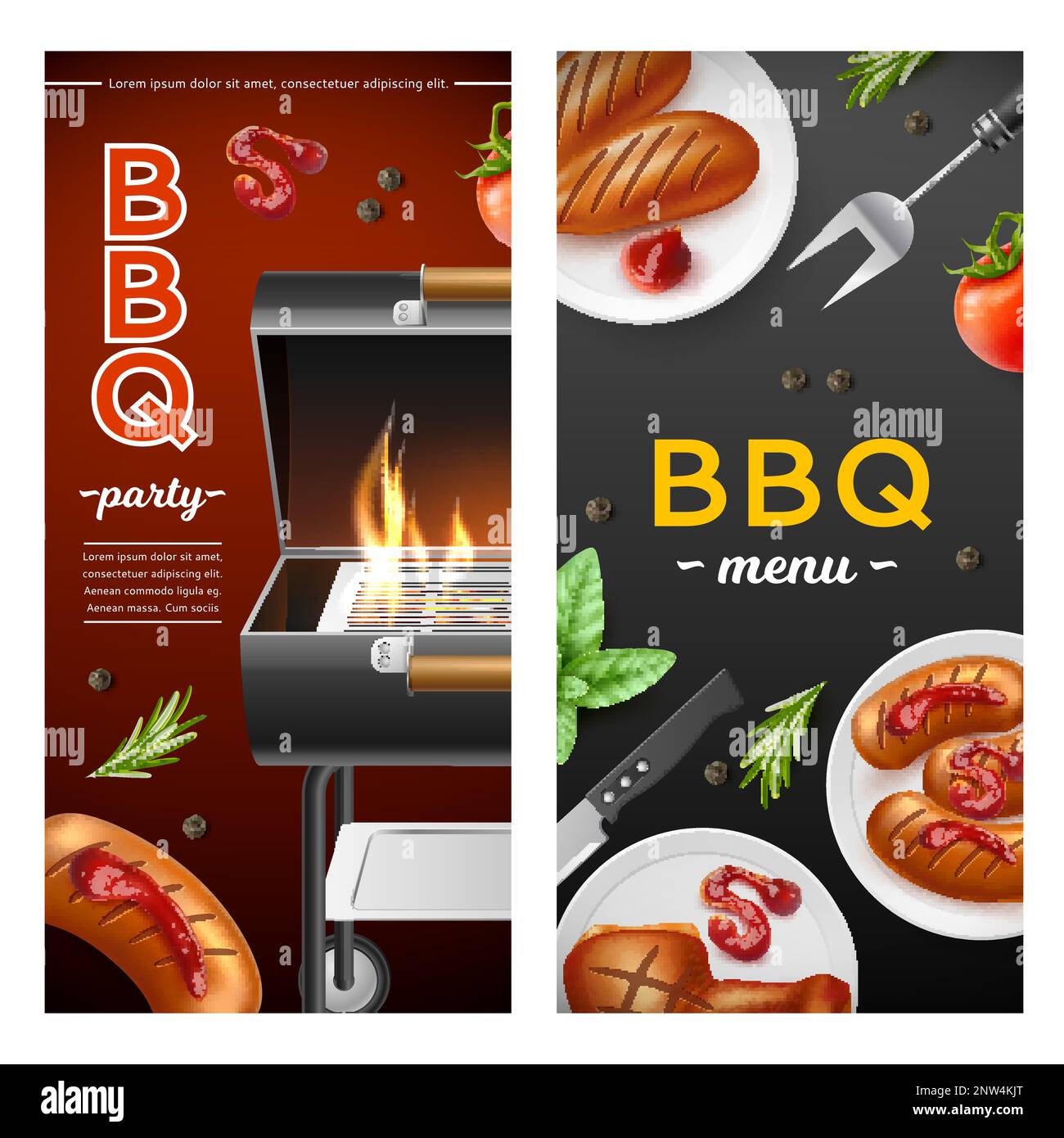 Realistic bbq grill vertical banners. Fried sausages and meat, tomato