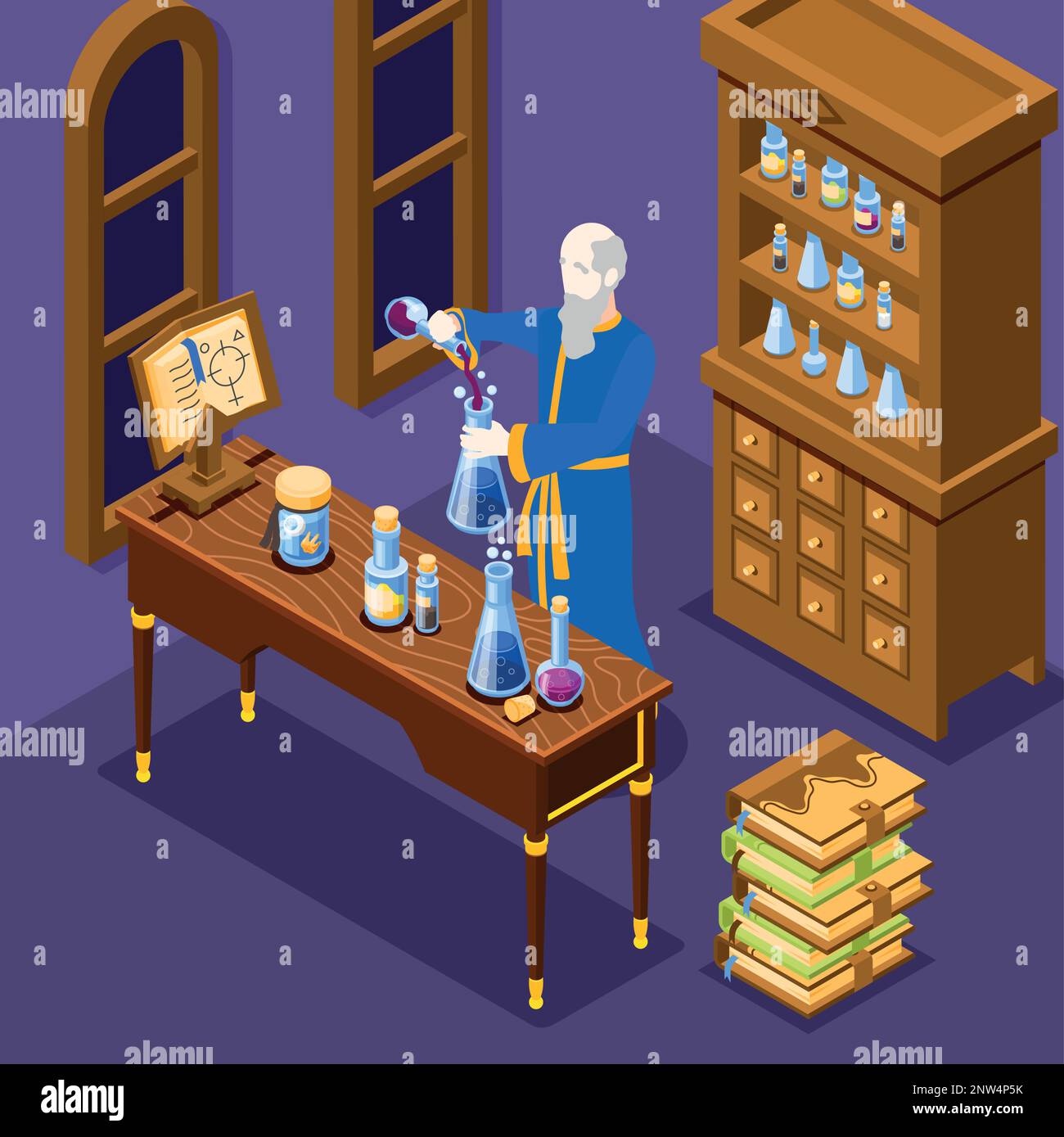 Old sorcerer doing alchemy in laboratory making potions 3d isometric ...