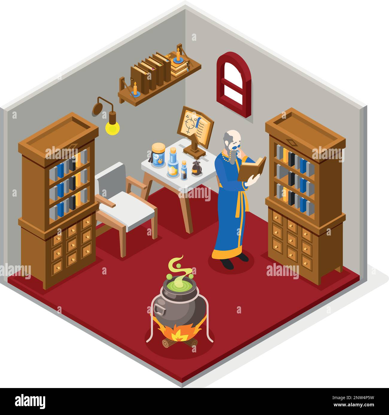 Alchemy composition with isometric interior of alchemical laboratory ...