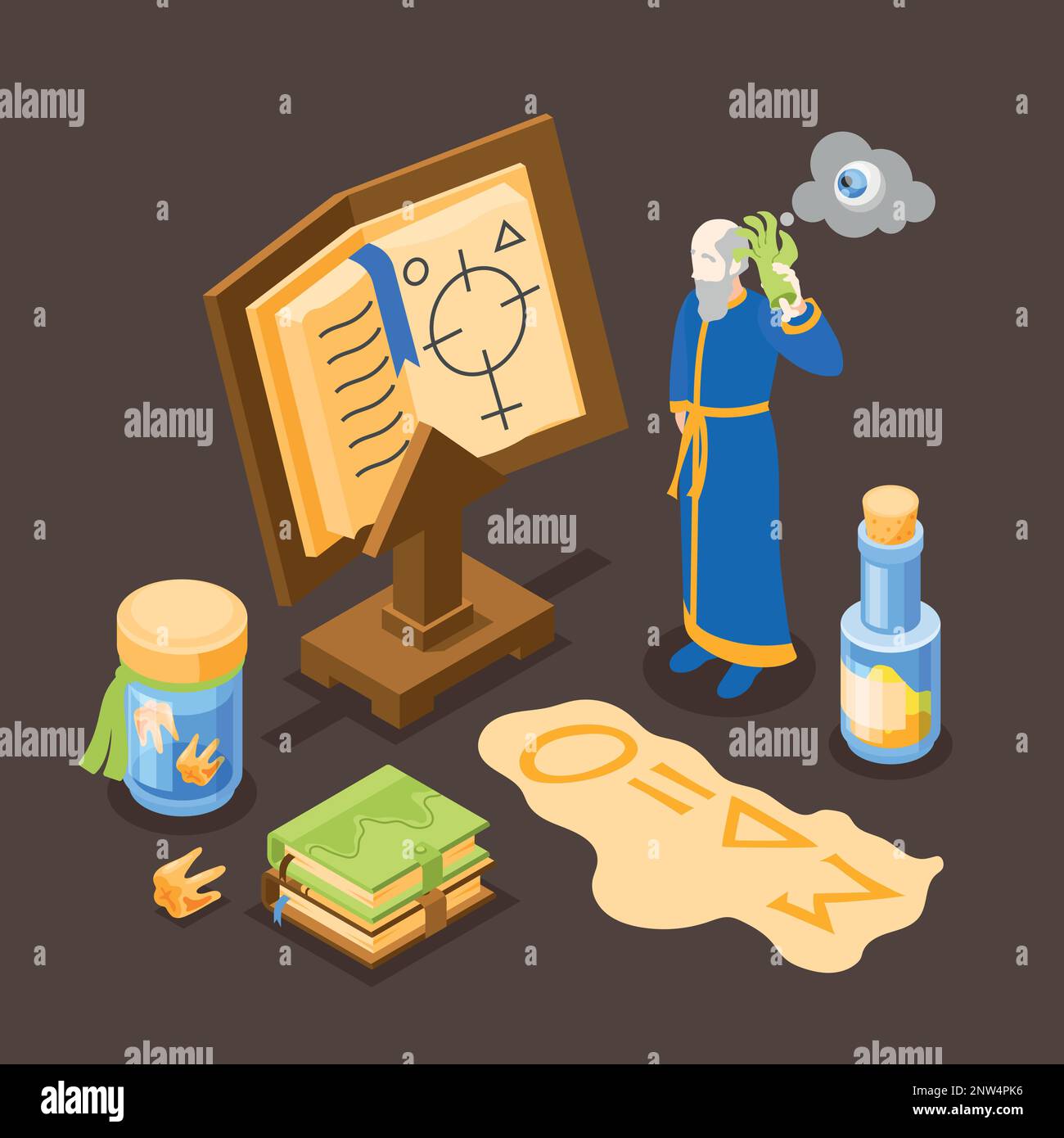 Alchemy isometric background with human character of alchemist and various tools for alchemical experiments 3d vector illustration Stock Vector