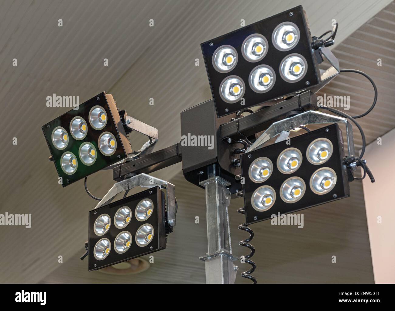 Portable Mobile Led Lighting Reflectors Pole Tower at Construction Site Stock Photo