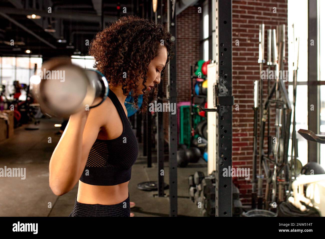 Young Pretty African American Sports Woman In Fitness Gym Lifting Up Empty Bar In Gym Doing Young Pretty African American Sports Woman In Fitness Gym Lifting Up Empty Bar In Gym Doing