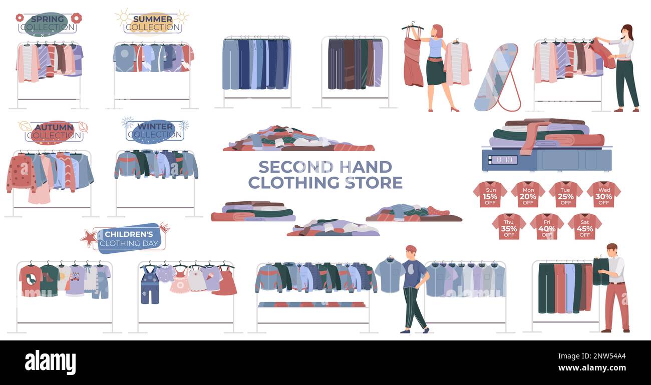 Second Hand Clothes Set With Clothing Store Symbols Flat Isolated