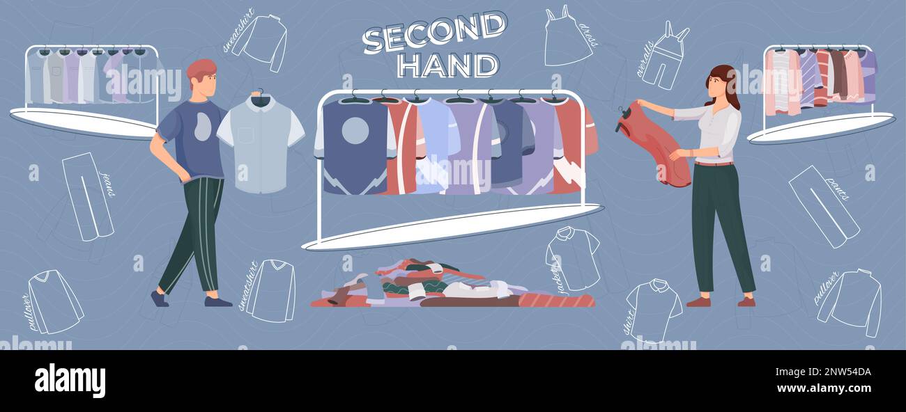 Second Hand Clothes Abstract With Clothing Store Symbols Flat Vector Second Hand Clothes Abstract With Clothing Store Symbols Flat Vector