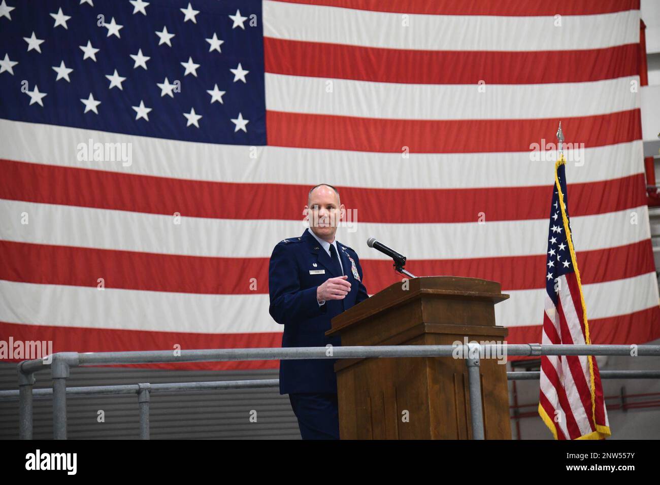 U.S. Air Force Col. Edward W. Cook Jr., the outgoing Commander of the 105th Mission Support Group, delivers a speech during the 105th MSG change of command ceremony at Stewart Air National Guard Base, New York, January 8, 2023. Stock Photo
