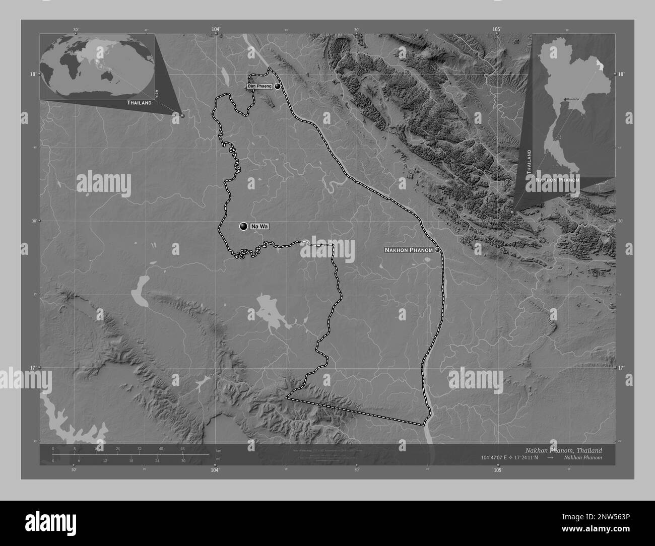 Nakhon Phanom, province of Thailand. Grayscale elevation map with lakes ...