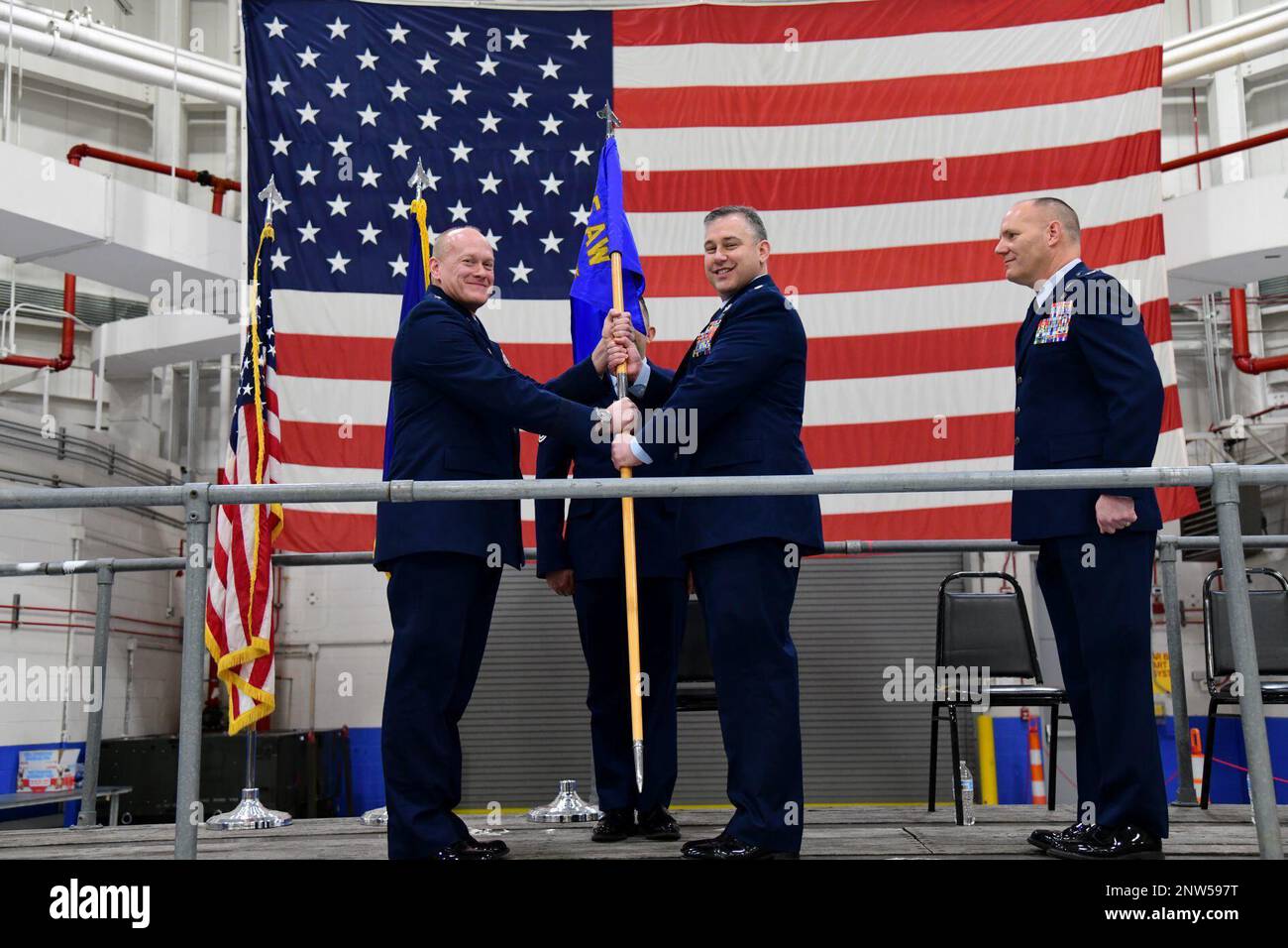 U.S. Air Force Lt. Col. Francis J. Farrelly Jr., Commander of the 105th Mission Support Group, assumes command during the 105th MSG change of command ceremony at Stewart Air National Guard Base, New York, January 8, 2023. Former 105th MSG commander U.S. Air Force Col. Edward W. Cook Jr. handed over command facilitated by U.S. Air Force Brig. Gen. Gary R. Charlton II. Stock Photo