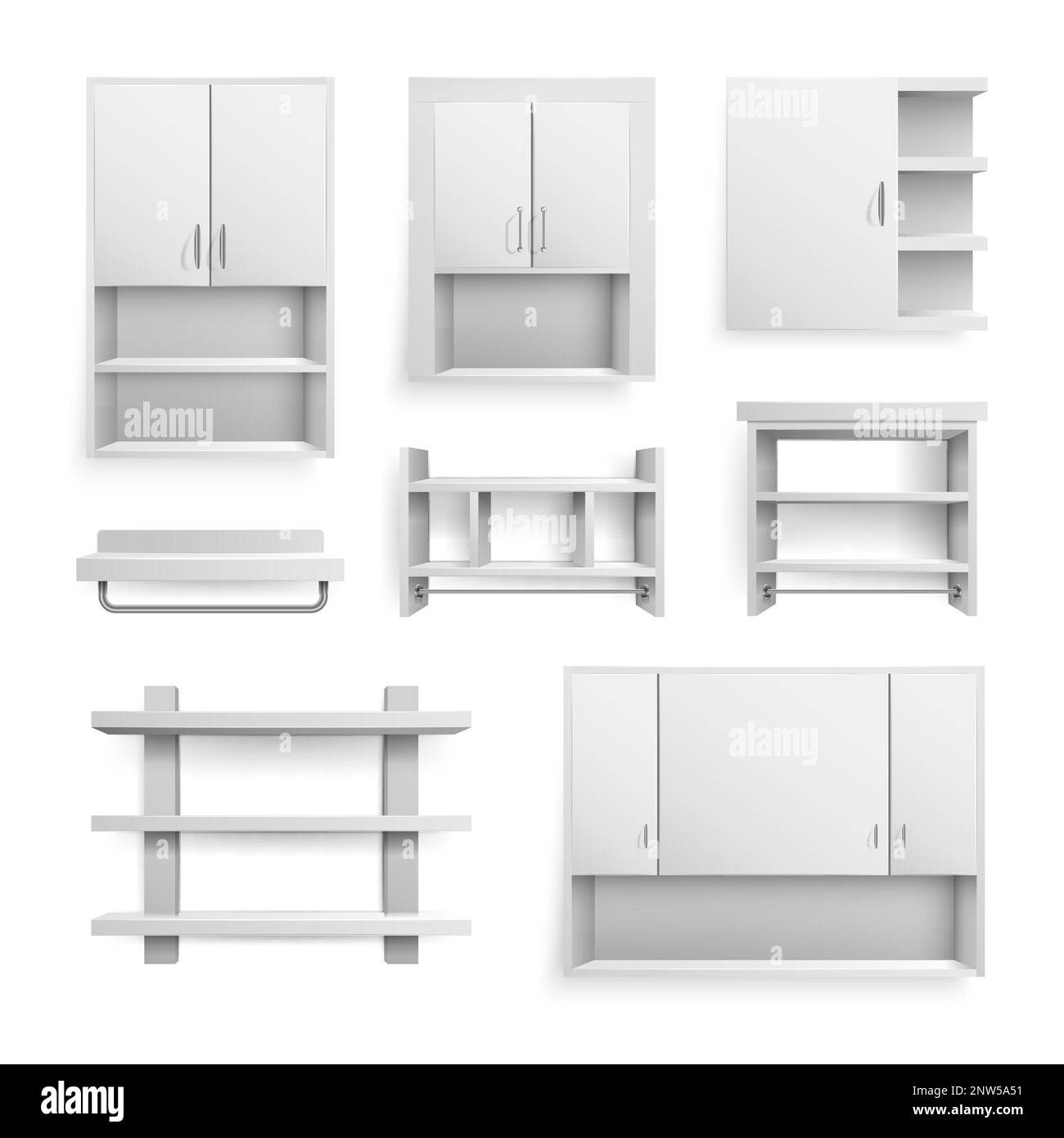 Set of realistic empty white shelves and cupboards with metal elements