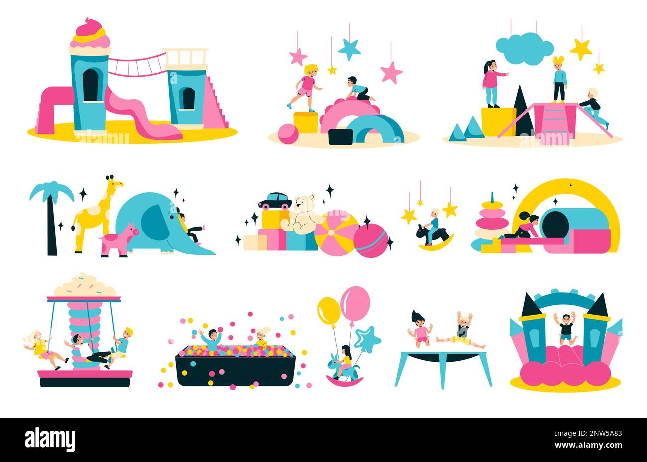 Children playroom set with isolated compositions of play equipment