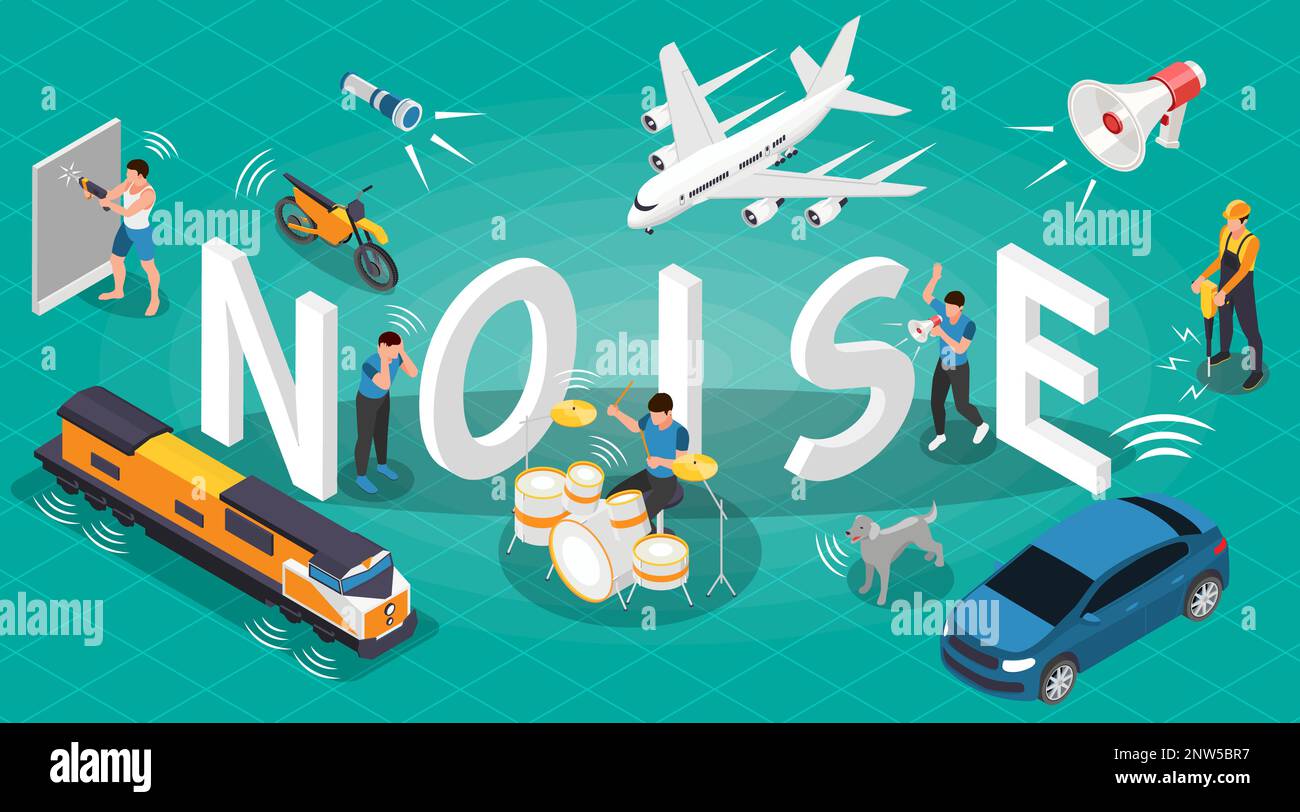 Noise isometric horizontal illustration with different urban vehicles and people with megaphone jackhammer vector illustration Stock Vector