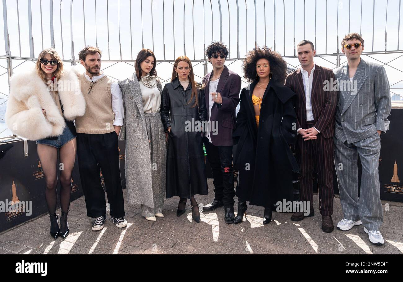 February 27, 2023, New York, New York, United States: Suki Waterhouse, Sam Claflin, Camila Morrone, Riley Keough, Sebastian Chacon, Nabiyah Be, Will Harrison, and Josh Whitehouse attend as the cast of Daisy Jones & The Six visits The Empire State Building (Credit Image: © Lev Radin/Pacific Press via ZUMA Press Wire) EDITORIAL USAGE ONLY! Not for Commercial USAGE! Stock Photo