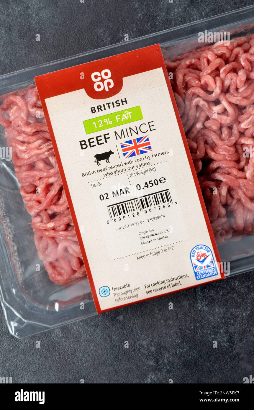 Packet of Co-Op British Beef Mince meat in plastic retail packaging shot from above Stock Photo