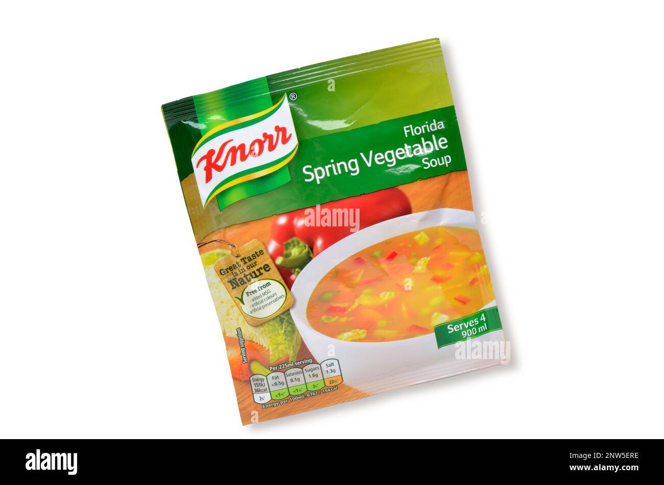 Packet of Dried Spring Vegetable Soup made by Knorr isolated on white background Stock Photo