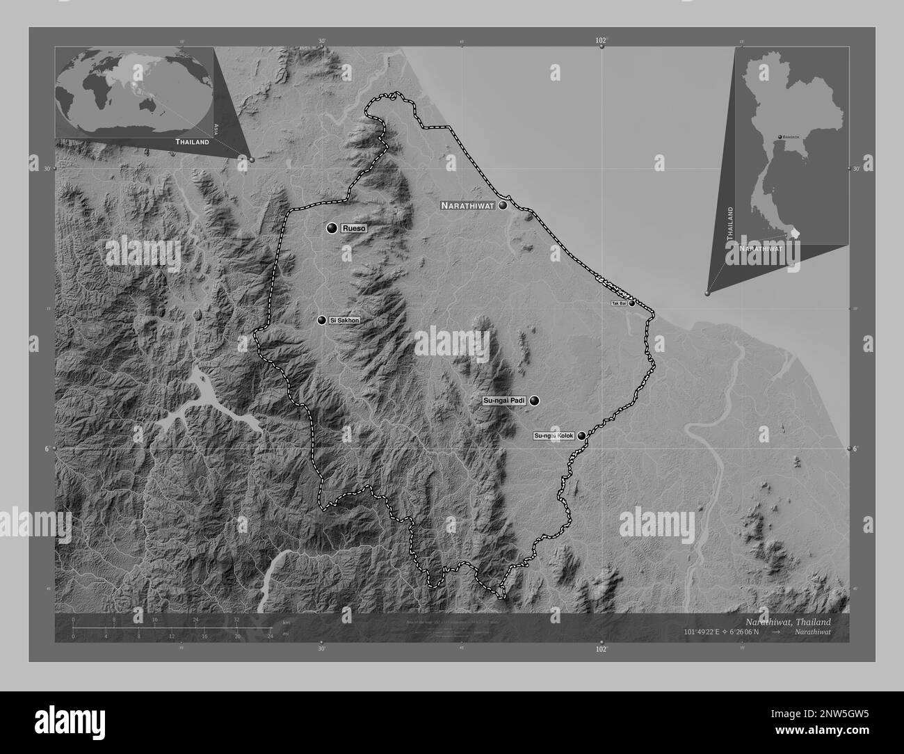 Narathiwat, province of Thailand. Grayscale elevation map with 