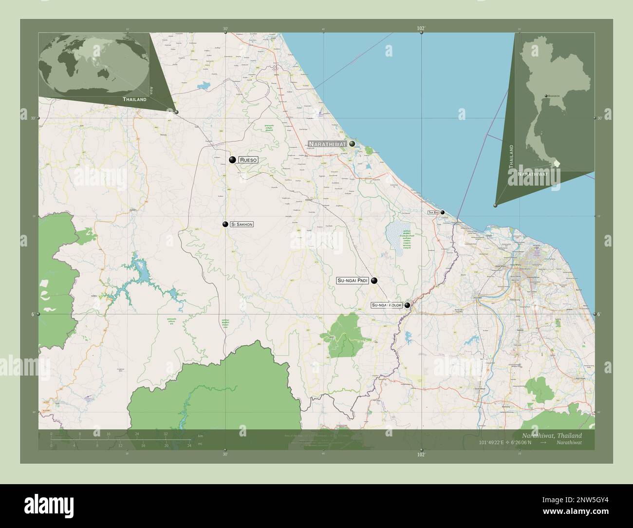 Narathiwat, province of Thailand. Open Street Map. Locations and 