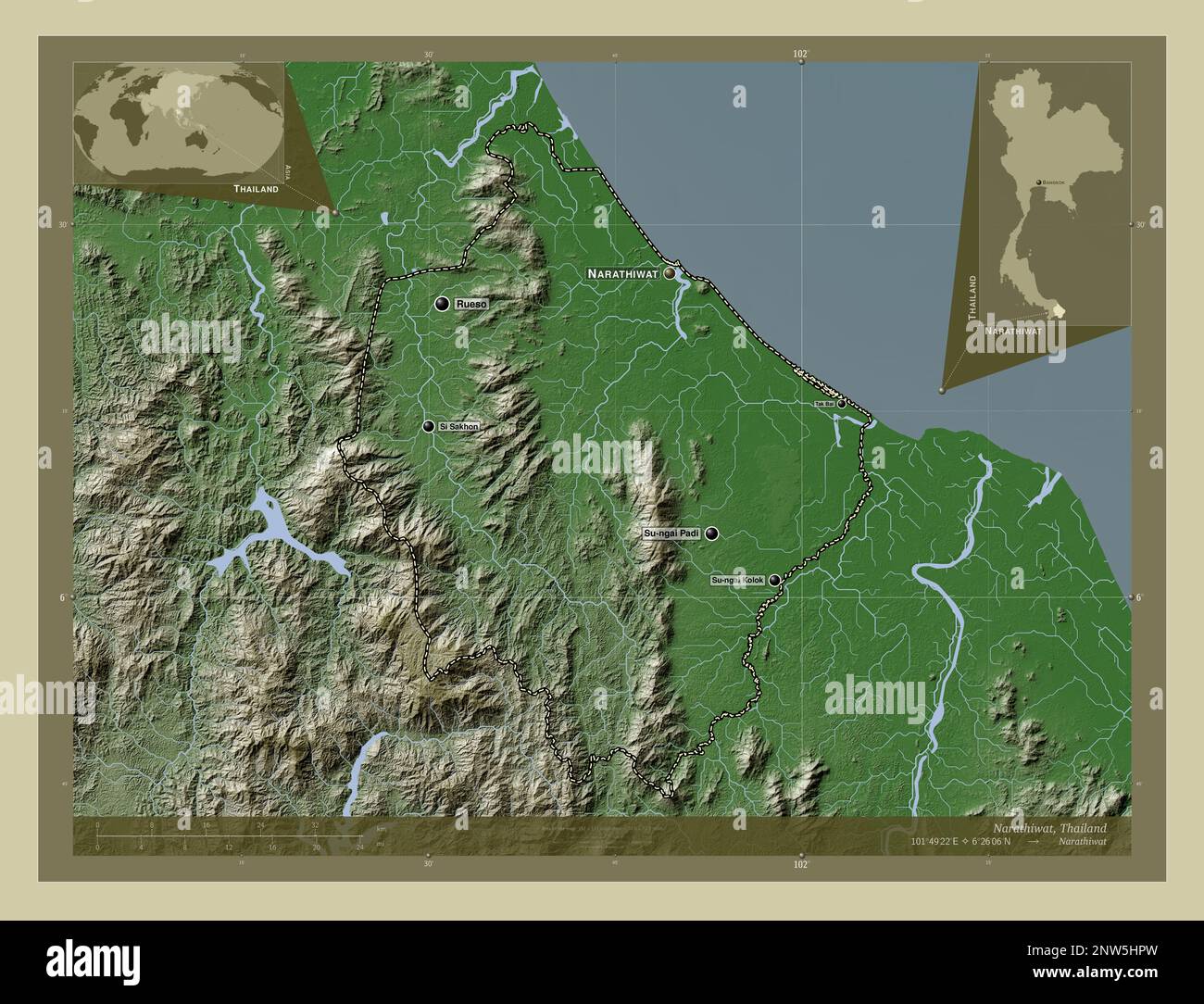 Narathiwat, province of Thailand. Elevation map colored in wiki 