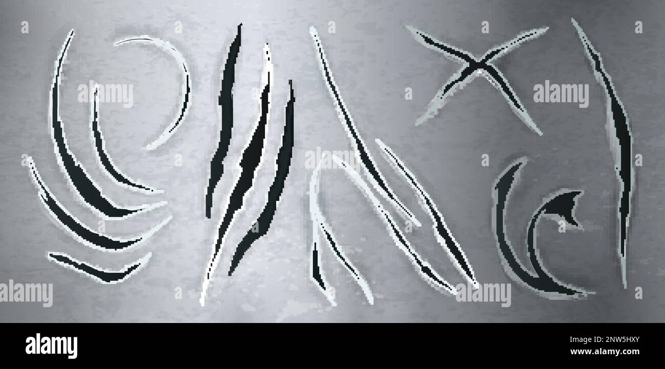 Realistic claws scratches animals set with silver metallic background with cracks and scrapes with ragged edges vector illustration Stock Vector