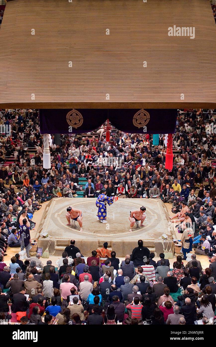 Sumo tournament in Ryogoku kokugikan stadium,Tokyo city, Japan Stock