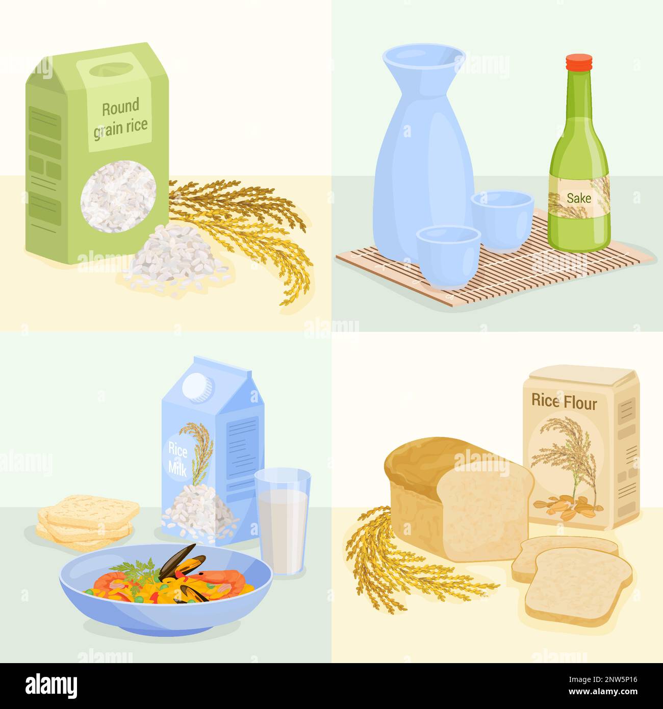 Rice products flat 2x2 set of square compositions with flour milk sake