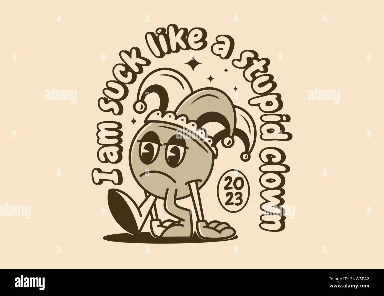 Mascot character design of a ball head with sad face wearing a clown