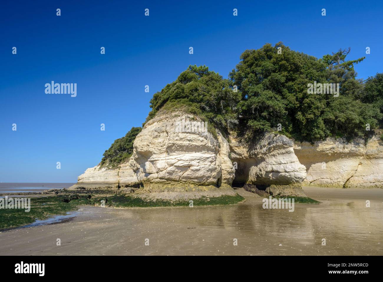 Eroded limestone rock cliffs with cave and sandy beach on Atlantic coast France in Charente Maritime Stock Photo