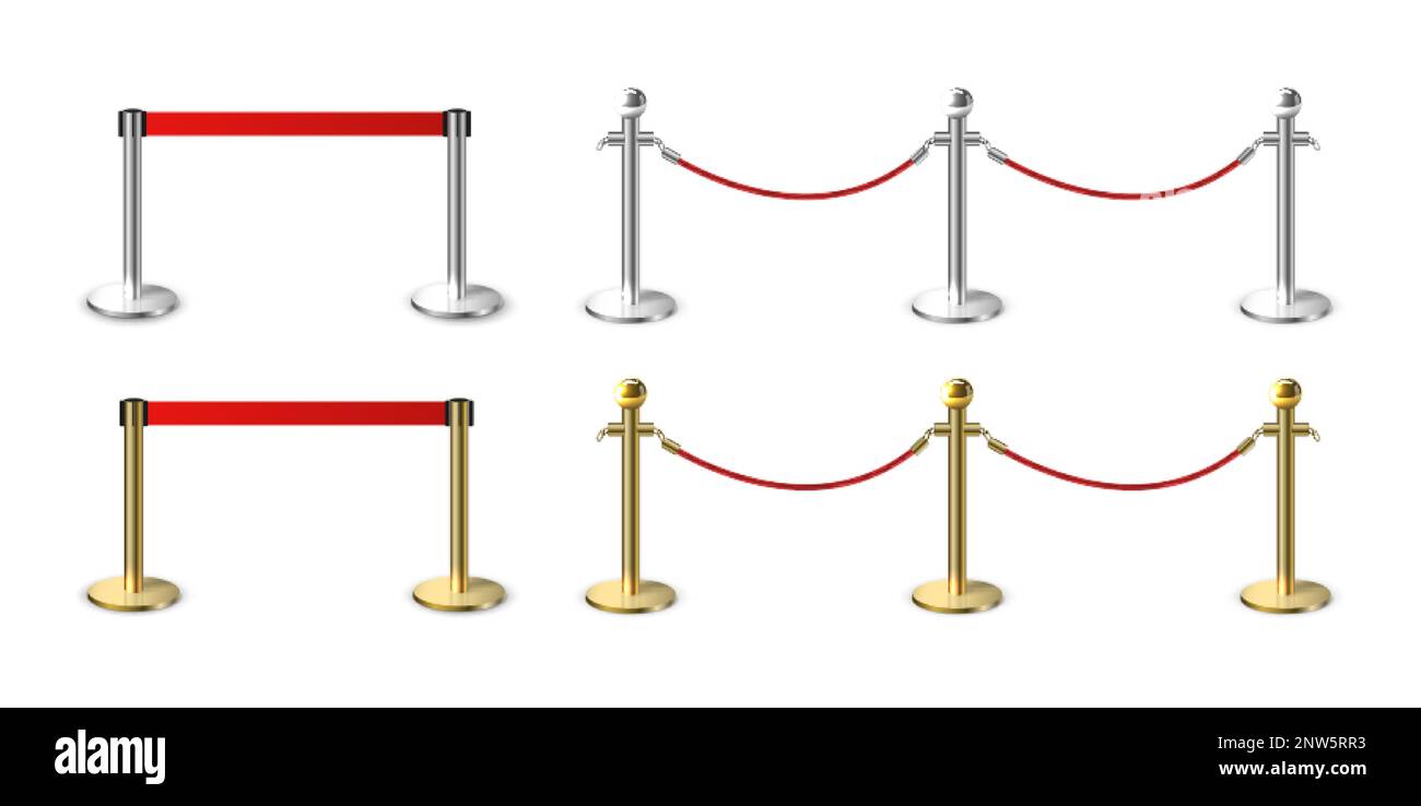 Metal barrier fence with ribbon realistic set of isolated images with