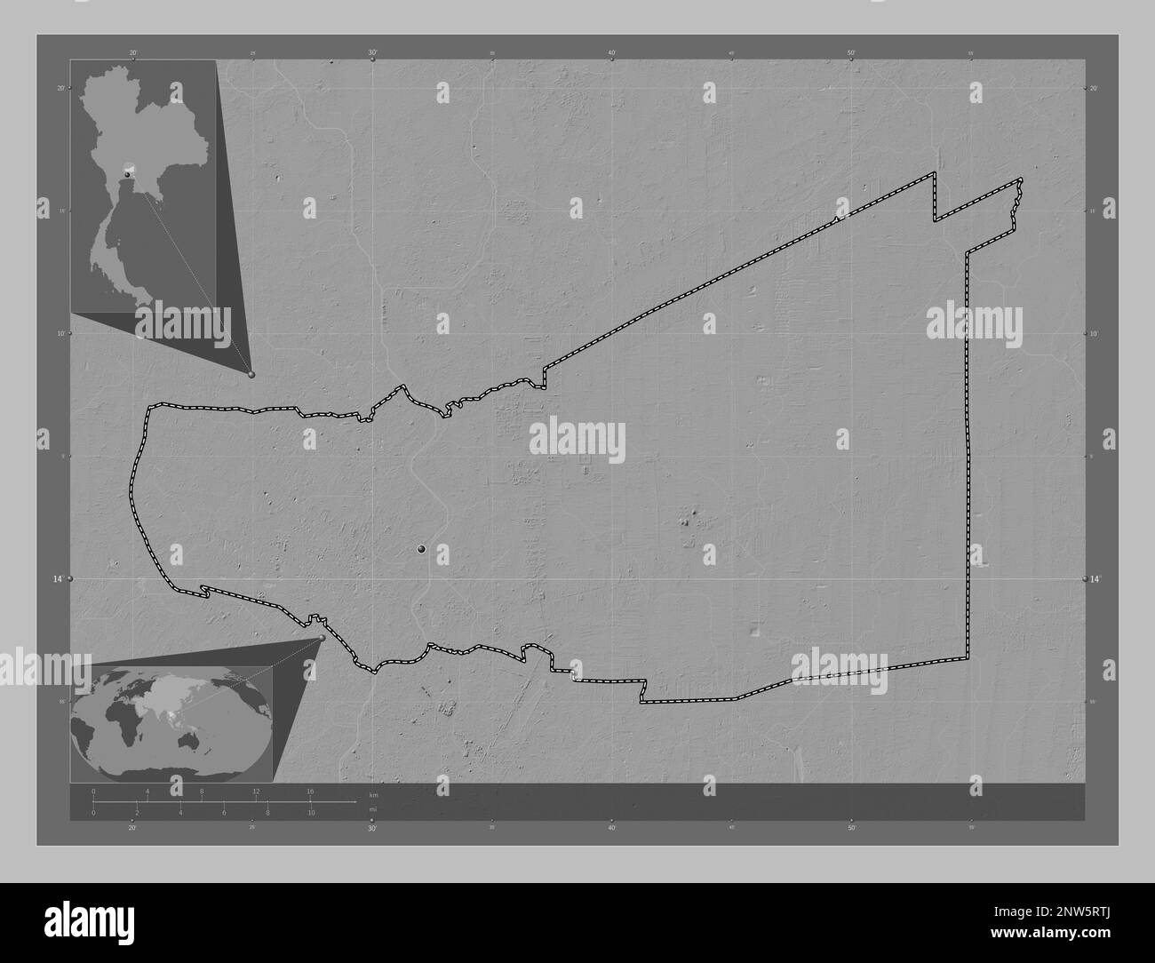 Pathum Thani, province of Thailand. Grayscale elevation map with lakes