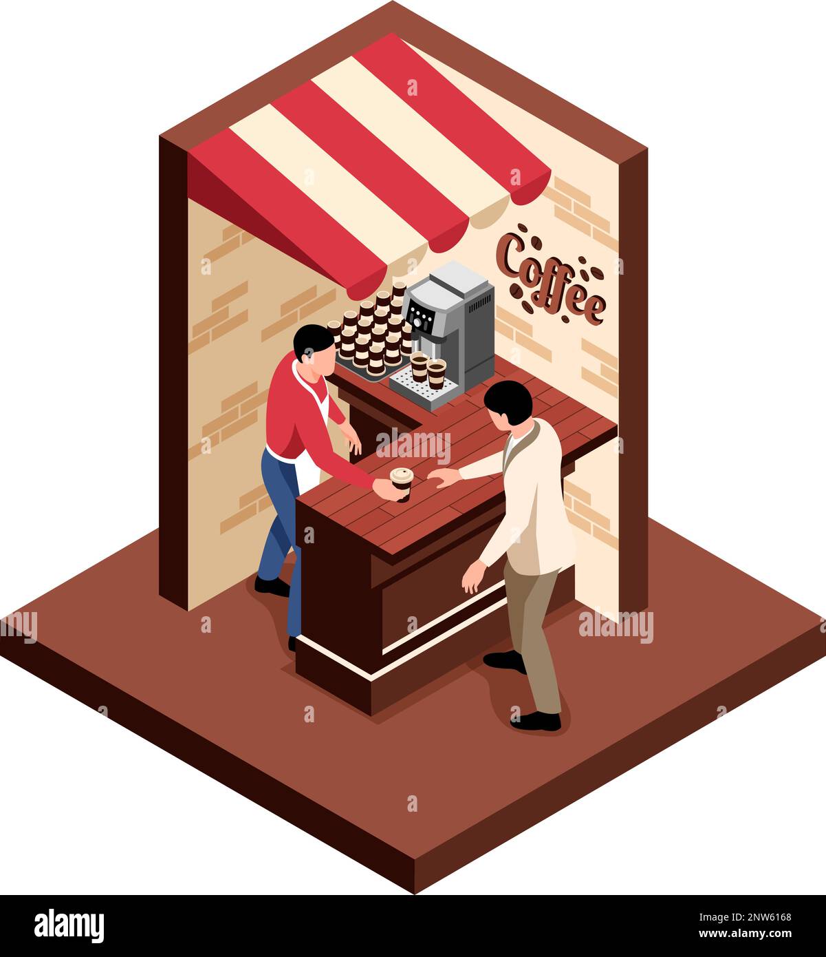 Isometric coffee shop concept small part of the kiosk with two walls ...