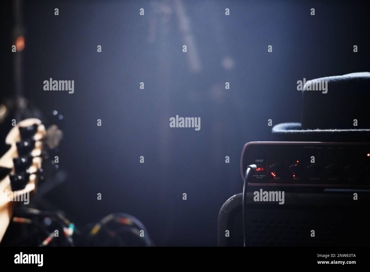 Music is for the soul. Musical instruments and amplifiers on a stage