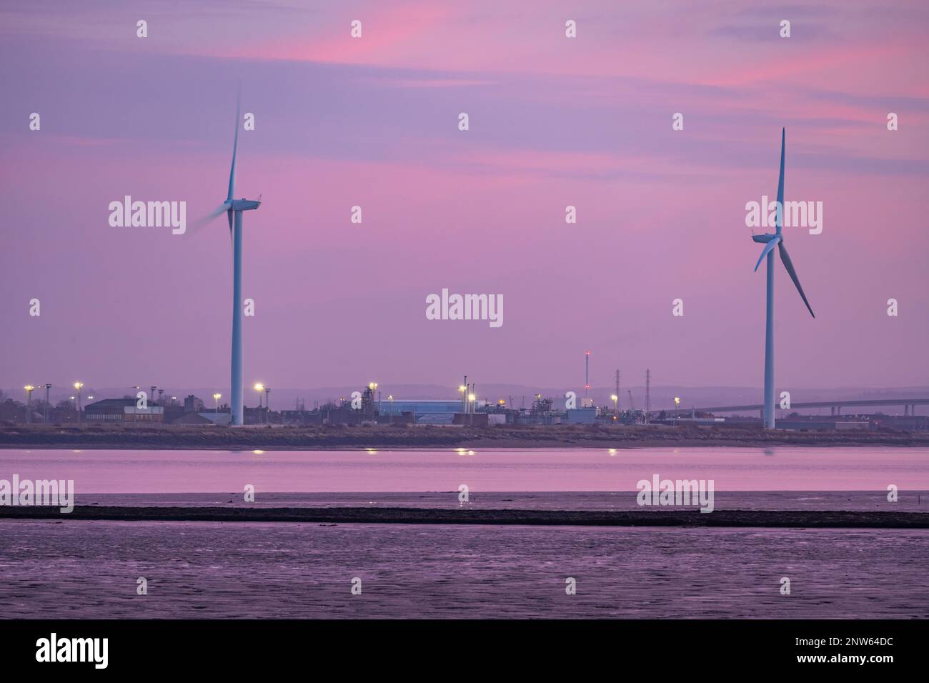 Wind turbines at Sheerness on the Isle of Sheppy Kent from Grain Kent Stock Photo