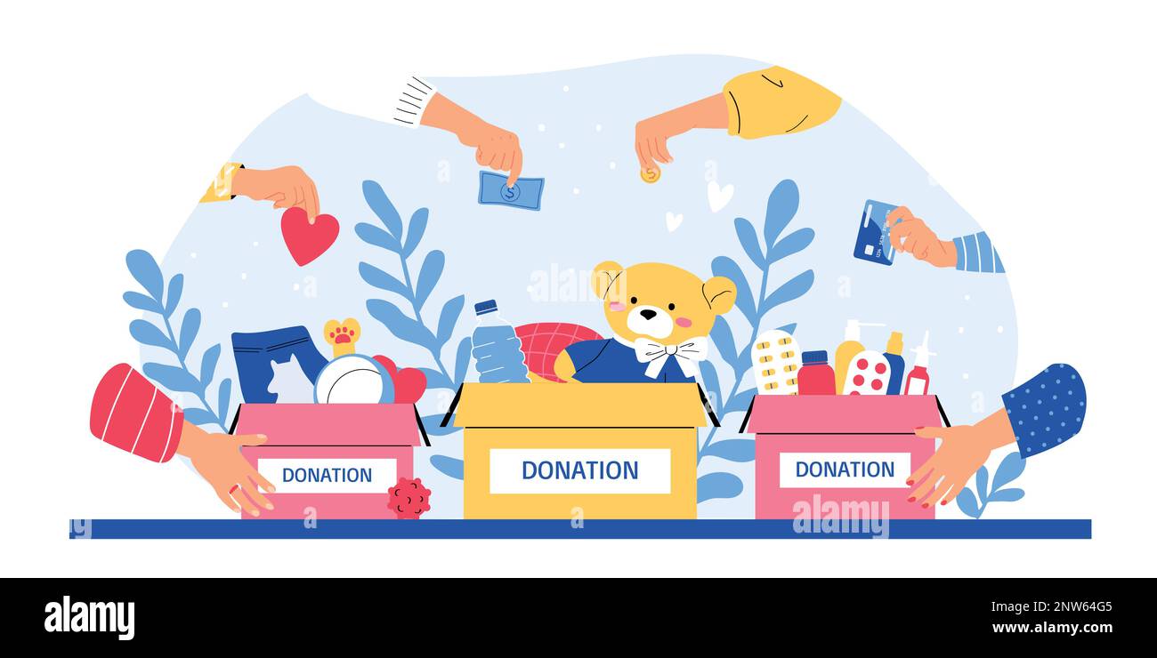 Charity flat concept with human hands taking money and various things