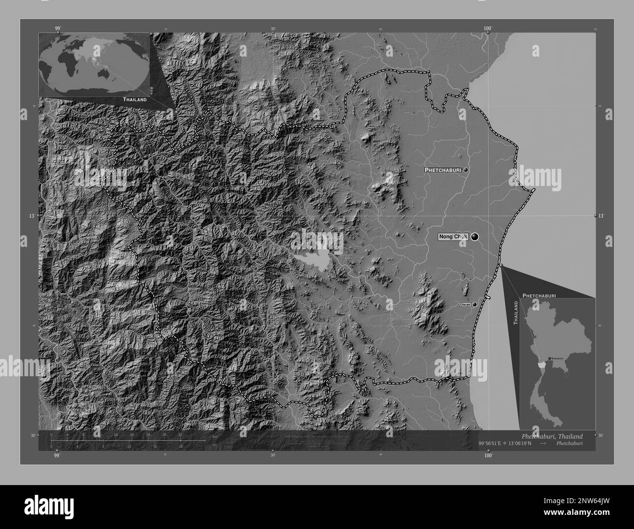 Phetchaburi, province of Thailand. Bilevel elevation map with lakes and rivers. Locations and names of major cities of the region. Corner auxiliary lo Stock Photo