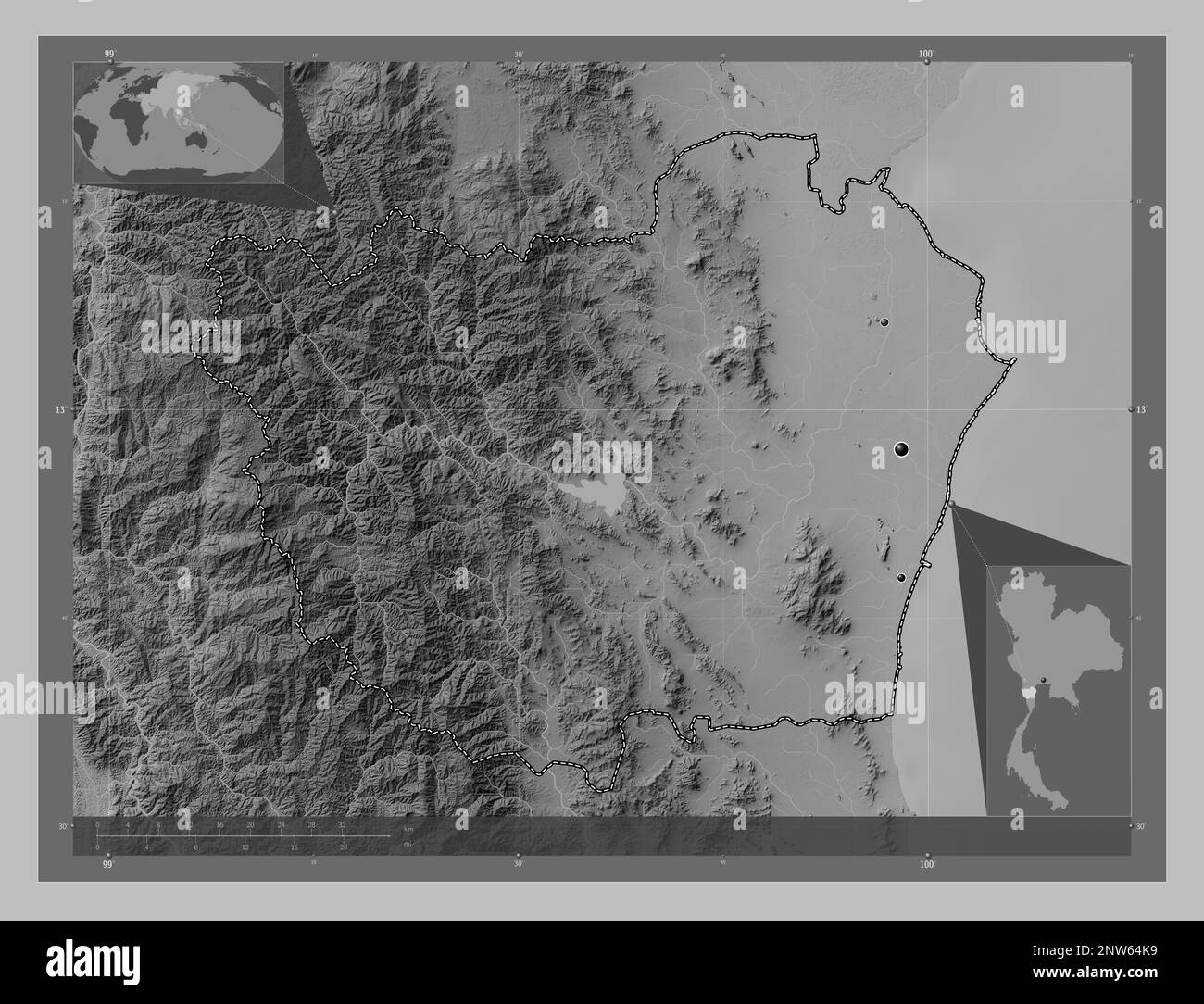 Phetchaburi, province of Thailand. Grayscale elevation map with lakes and rivers. Locations of major cities of the region. Corner auxiliary location m Stock Photo